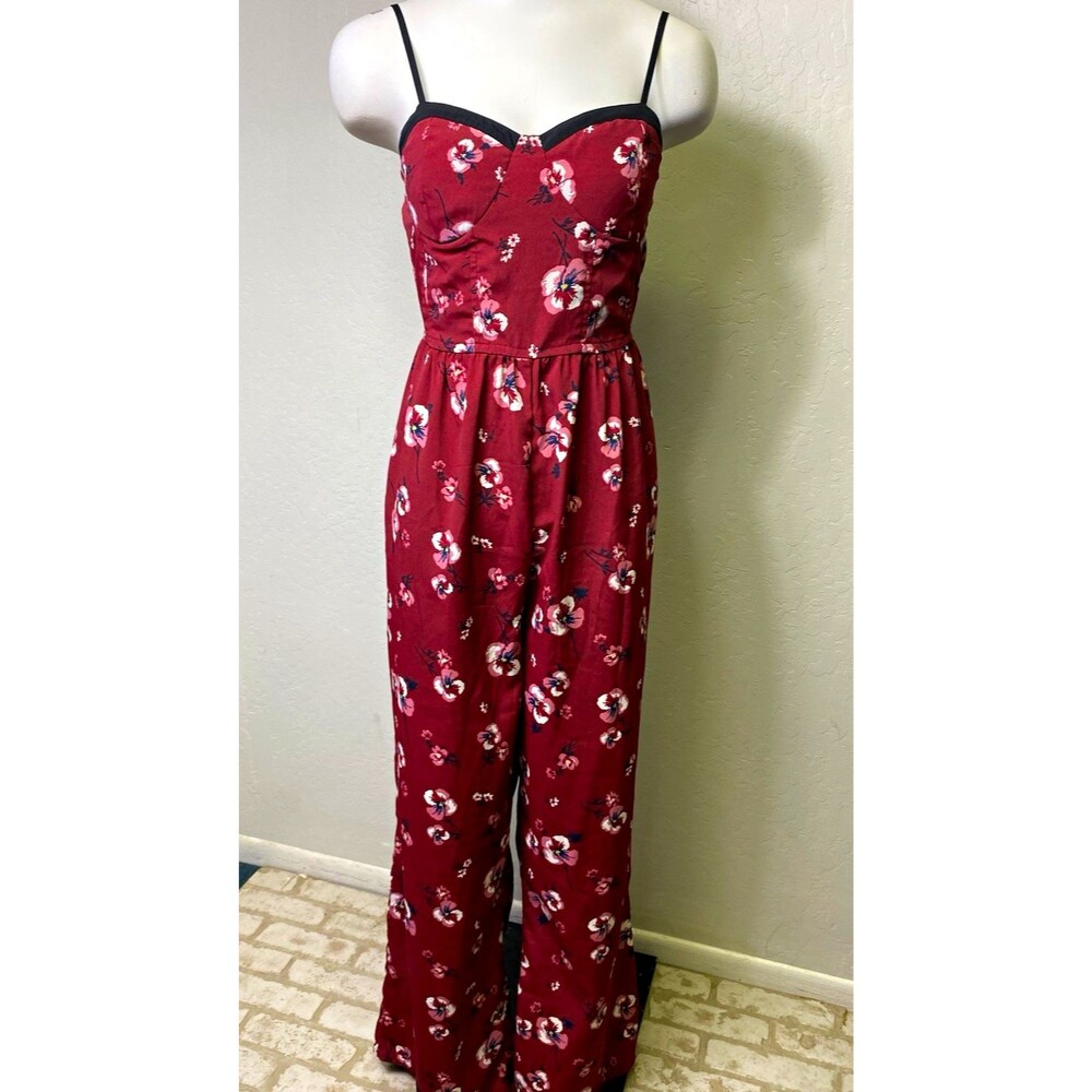 Band of Gypsies Womens L Floral Sweetheart Smocked Wide Leg Jumpsuit Burgundy